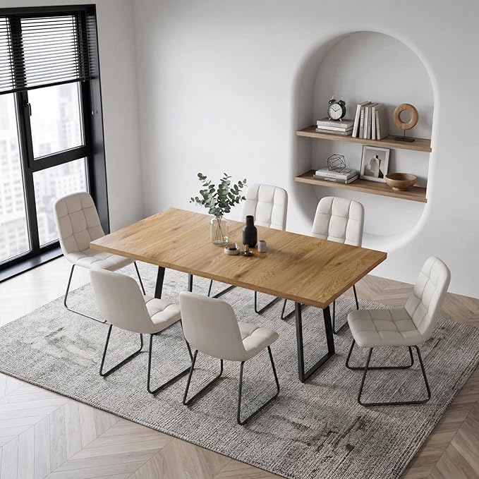 ZckyCine Extendable Dining Table Set for 6, 47" to 63" Expandable Kitchen Table with 6 Upholstered Chairs, Modern Rectangular Wood Dining Room Table Set with Metal Legs for Kitchen Apartment