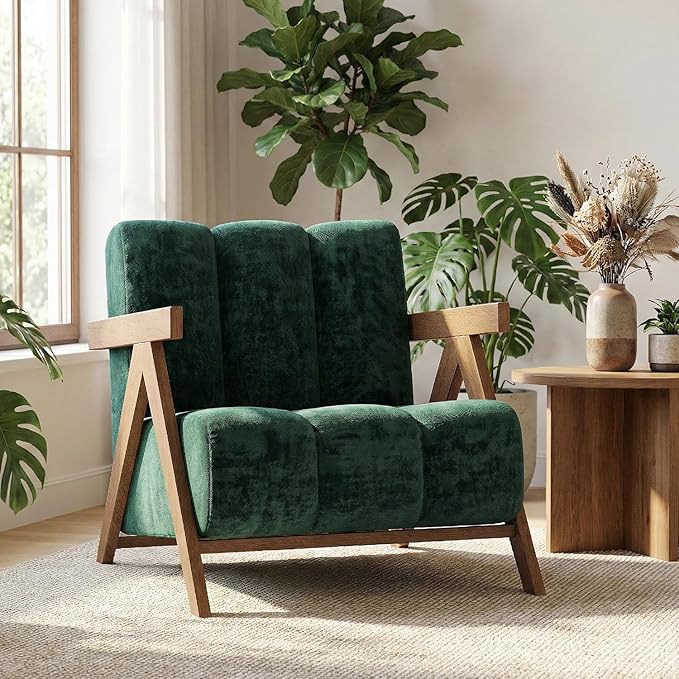 Modern Accent Chair for Living Room Bedroom,Comfy Chenille Reading Chair with Wood Frame,Oversized Upholstered Lounge Armchair with Thick High-Elastic Sponge for Apartment & Waiting Room (Green,1)