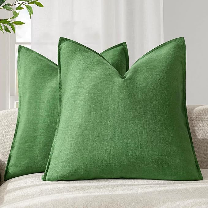 Foindtower Pack of 2, Decorative Linen Soild Throw Pillow Covers Soft Accent Euro Cushion Case Boho Farmhouse Pillowcase for Chair Couch Sofa Bedroom Living Room Home Decor 24 x 24 Inch Forest Green