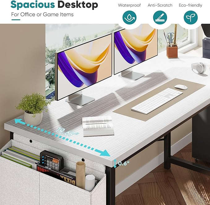 OLIXIS Computer Desk 55 Inch Home Office Desks for Small Spaces, Gaming Writing Study Work Table with Storage Bag and Headphone Hook for Bedroom, White