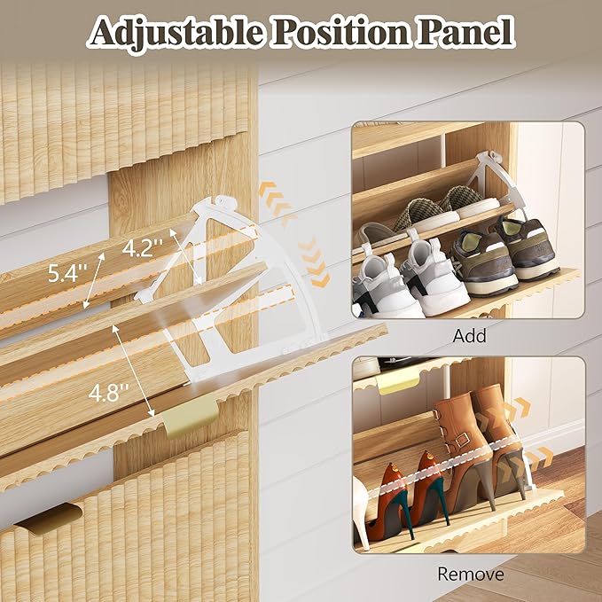 HUANLEGO Shoe Cabinet Storage for Entryway with 2 Flip Drawers, Fluted Narrow Shoe Organizer with Wooden Legs, Freestanding Slim Shoe Storage Hidden Shoe Rack Organizer for Front Door Entrance, Oak