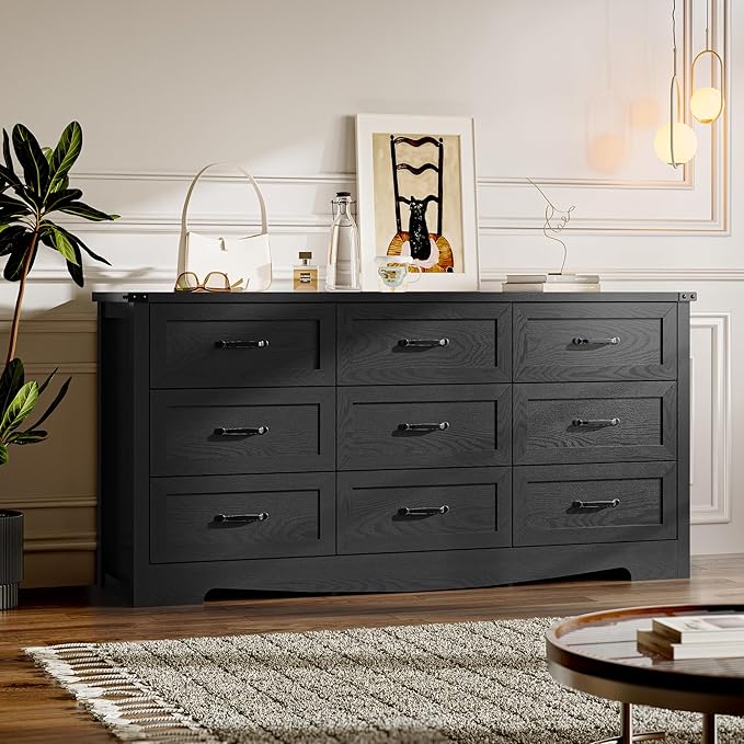 BORNOON 9-Drawer Dresser for Bedroom, Modern Wooden Chest of Drawers with Metal Handles, Anti-Tipping Design, Sturdy and Stable Storage Organizer for Living Room, Entryway, Home Office
