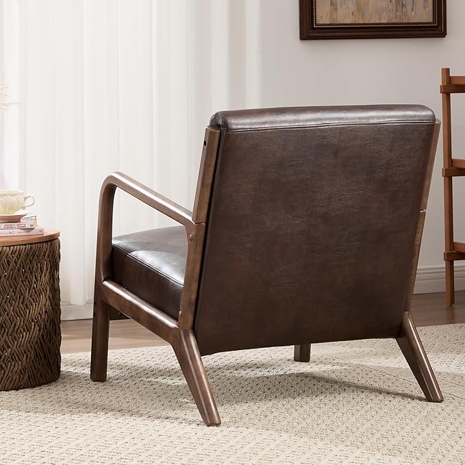 INZOY Mid Century Modern Accent Chair with Wood Frame, Upholstered Reading Armchair with PU Leather, Accent Chair for Living Room Bedroom Apartment, Easy Assembly, Chocolate Brown