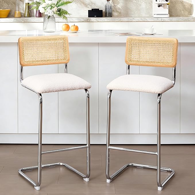 Zesthouse Rattan Bar Stools Set of 2, 30'' Upholstered Boucle Fabric Barstools with Wooden Back & Natural Cane Mesh, Mid Century Cantilevered Design High Chairs for Kitchen Bar with Chrome Base, White