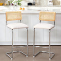 Zesthouse Rattan Bar Stools Set of 2, 30'' Upholstered Boucle Fabric Barstools with Wooden Back & Natural Cane Mesh, Mid Century Cantilevered Design High Chairs for Kitchen Bar with Chrome Base, White