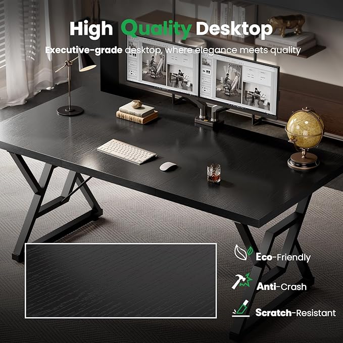 OHOHOLIVE 70.8" Large Executive Desk - Computer Office Desk Workstation, Modern Business Writing Table with Sturdy Metal Legs for Home Office (Black/Black)