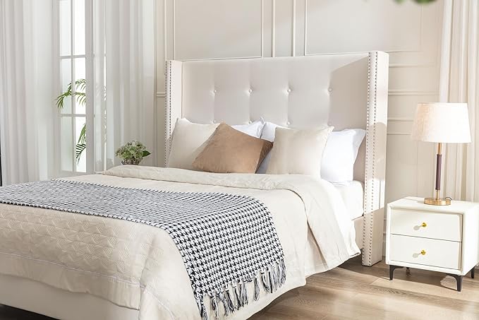 Upholstered Bed Frame, 54" Tall Headboard Wingback Upholstered Platform Bed Frame for Kids Teens Adults Bedroom Strong Wood Slats Support/No Box Spring Needed (Ivory Velvet, Queen)