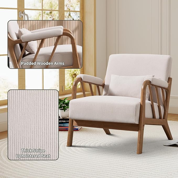 IOMOR Mid Century Modern Accent Chair with Solid Wood Frame, Upholstered Living Room Chairs with Lumbar Cushion Padded Arms, Reading Armchair for Bedroom Set of 2, Beige
