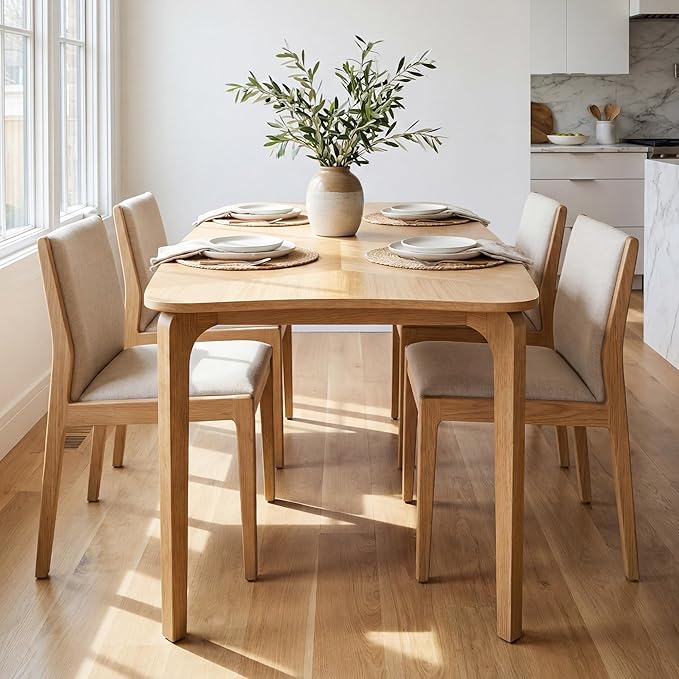 HNY Modern Curved Edge Dining Table, 63" Solid Wood Kitchen Table with Herringbone Pattern Mid-Century Rectangular Dinner Table for 6-9 People, Natural Oak Finish
