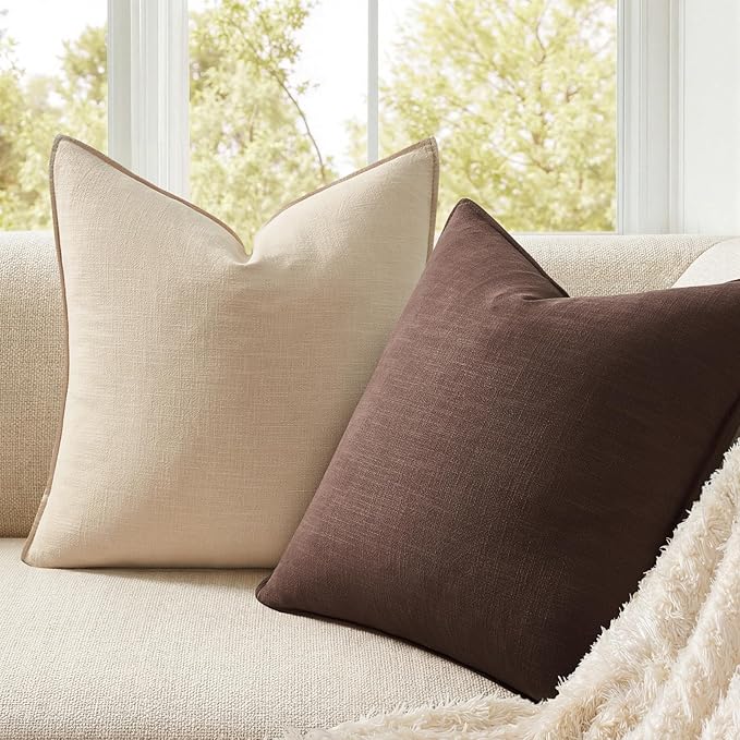 Neutral Brown Linen Pillow Covers Pack of 4 Decorative Natural Solid Throw Pillow Covers Soft Accent Boho Farmhouse Couch Pillowcases Modern Home Decors for Living Room Bed Sofa 18x18 Inch