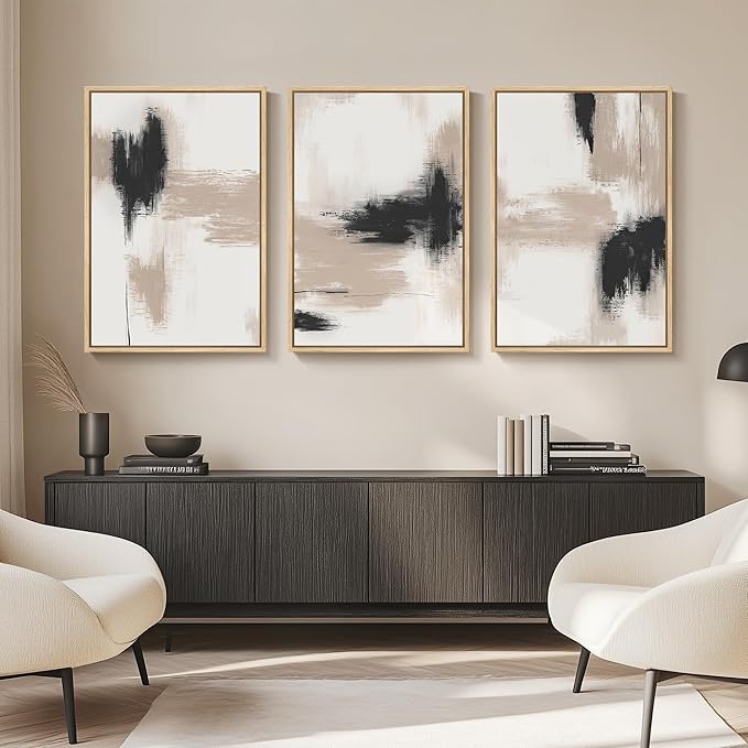 Framed Large Neutral Abstract Wall Art for Living Room, 3 Piece Modern Canvas Artworks, Minimalist Painting Prints for Dining Room Hallway Home Office Wall Decor, 24x36 In