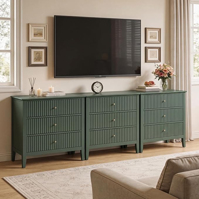RoyalCraft Fluted 3 Drawer Dresser, 32 inch Wide Dresser Nightstand for Bedroom, Modern Wood Chest of Drawers, Large Painted Nightstand with 3 Drawers for Closet, Hallway, Entryway, Dark Green