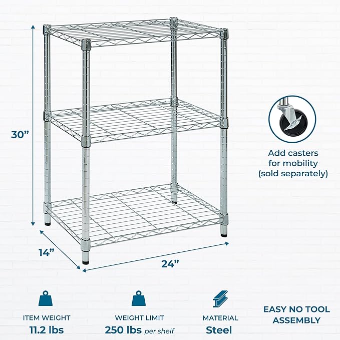 Honey-Can-Do 3-Tier Heavy-Duty Adjustable Shelves, Metal Storage Rack with 250-lb Shelf Capacity, Chrome, 14" W x 24" L x 30" H