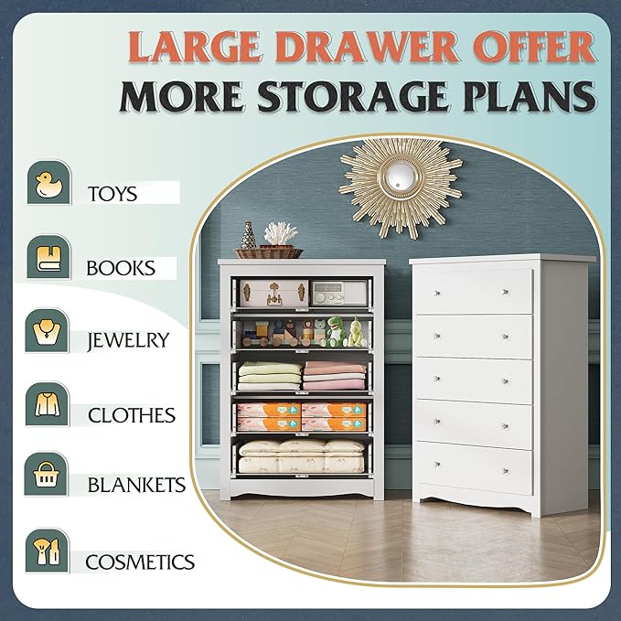 WLIVE White Dresser for Bedroom, 45" Tall 5 Drawers Wooden Chest of Drawers, Storage Cabinet and Organizer Drawers for Living Room, Hallway, Closet