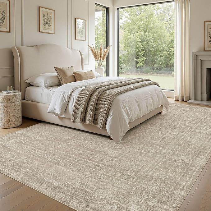 Nakagishi Area Rugs 9x12 Living Room: Washable Large Vintage Rug Neutral Non-Slip Soft Stain Resistant Indoor Carpet for Bedroom Nursery Dining Room Under Table Bed Home House Office Playroom - Brown