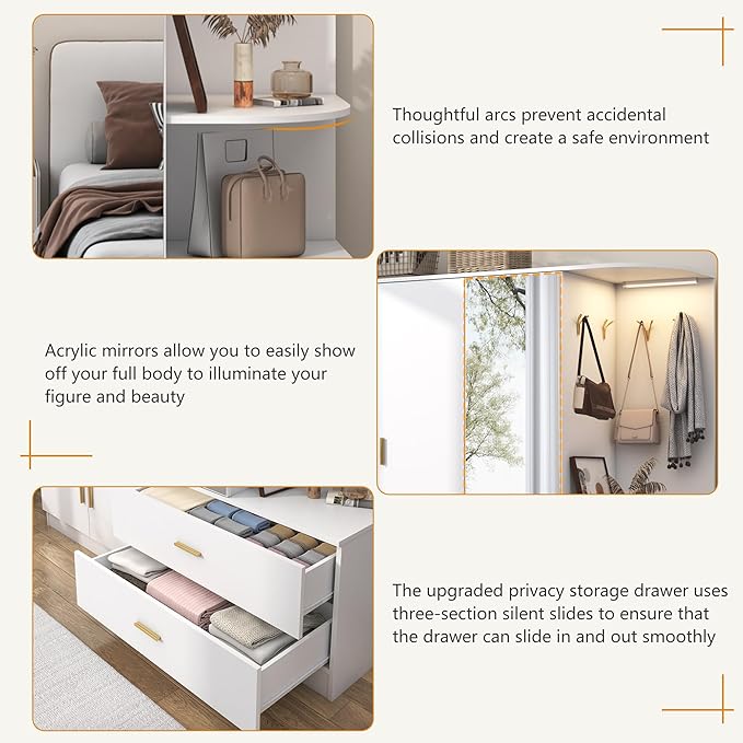 XVD Armoire Wardrobe Closet with Mirror & Sensor Light, Bedroom Armoire with 5 Doors & 2 Drawers, Modern Wooden Large Wardrobe Closet with Shelves, 4 Hooks, 2 Hanging Roods, Open Space, White
