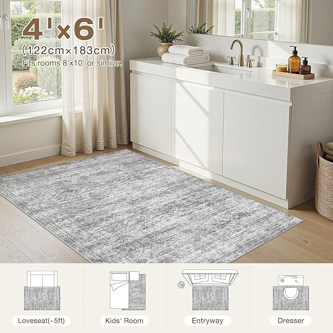 cotiled Large Area Rugs for Living Room, Machine Washable Rugs with Non Slip Backing Modern Neutral Abstract Rugs Stain Resistant Distressed Carpets for Home Office Decor (4x6 Dark Grey)