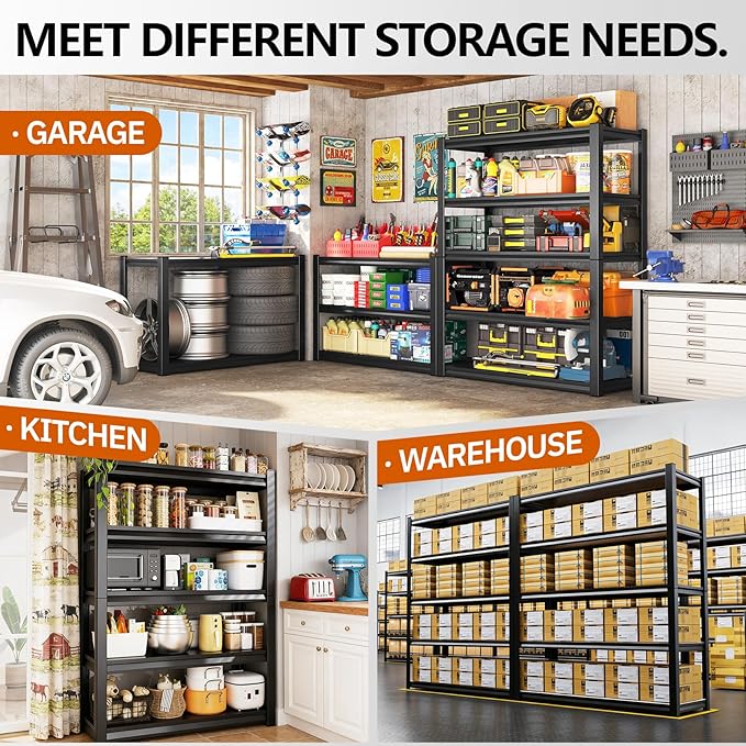 2500lbs Heavy Duty Garage Shelving, 5-Tier Adjustable Storage Shelves, 72" H x 35.4" W x 15.7" D, Utility Metal shelvingfor Warehouse, Basement, Garage