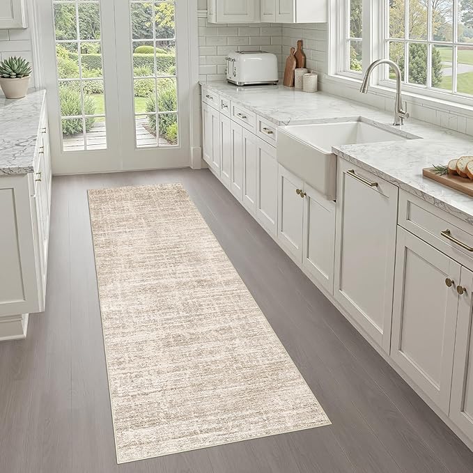 Runner Rug Non-Slip Kitchen Rug: 2x6 Washable Abstract Modern Soft Stain Resistant Indoor Floor Neutral Accent Throw Carpet for Hallway Bathroom Laundry Room Bedroom Entryway- Beige