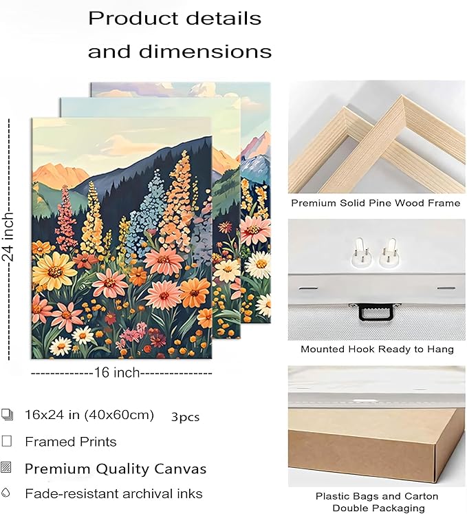 Framed Mountain Daisy Wildflower Landscape Wall Art, Boho Floral Wall Decor, Colorful Daisy Flower Canvas Paintings, Vintage Nature Botanical Poster Prints for Living Room Bedroom 16x24in