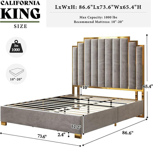 AMERLIFE California King Size Upholstered Bed, Modern Velvet Bed Frame with 65.4” Tall Gold Trim Headboard, No Box Spring Needed, Grey