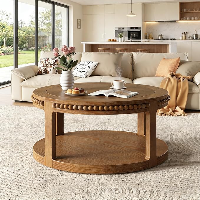 31.5" Round Wood Coffee Table, 2 Tier Modern Center Table,Solid Wood+MDF, Easy Assembly, Accent Table for Living Room, Apartment, Small Space. (Walnut)