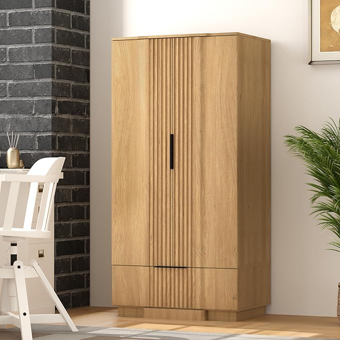 Brafab 67" Fluted Armoire Wardrobe Closet Set of 2 with Drawers and Doors, Wooden Wardrobe Cabinet with Adjustable Shelves, Modern Storage for Clothes, Coats for Bedroom,Natural Wood(2 pcs)