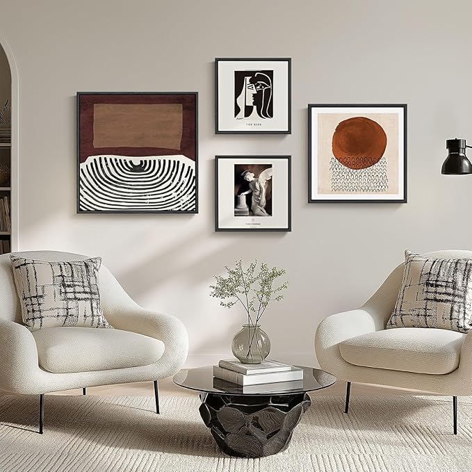 Large Framed Mid Century Wall Art for Living Room, Set of 4 Neutral Brown Black Minimalist Canvas Prints Painting, Modern Abstract Picture Artworks Wall Decor for Bedroom Office Hallway