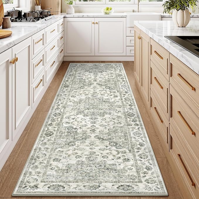 2x6 Washable Neutral Runner Rug Green Vintage Hallway Kitchen Carpet Non-Slip Soft Low Pile Farmhouse Throw Rug for Bedroom Bathroom Laundry Living Room