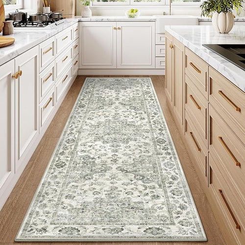 2x6 Washable Neutral Runner Rug Green Vintage Hallway Kitchen Carpet Non-Slip Soft Low Pile Farmhouse Throw Rug for Bedroom Bathroom Laundry Living Room