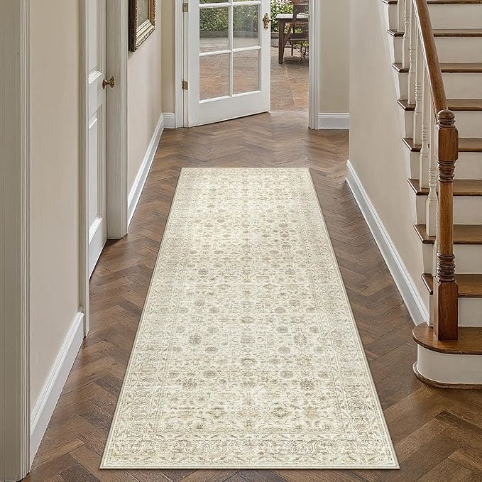 PureCozy 2x6 Runner Rug Non Slip Machine Washable Hallway Kitchen Vintage Distressed Carpet Indoor Small Long Low Pile Thin Beige Bedroom Bathroom Retro Accent Throw Rug Laundry Living Room