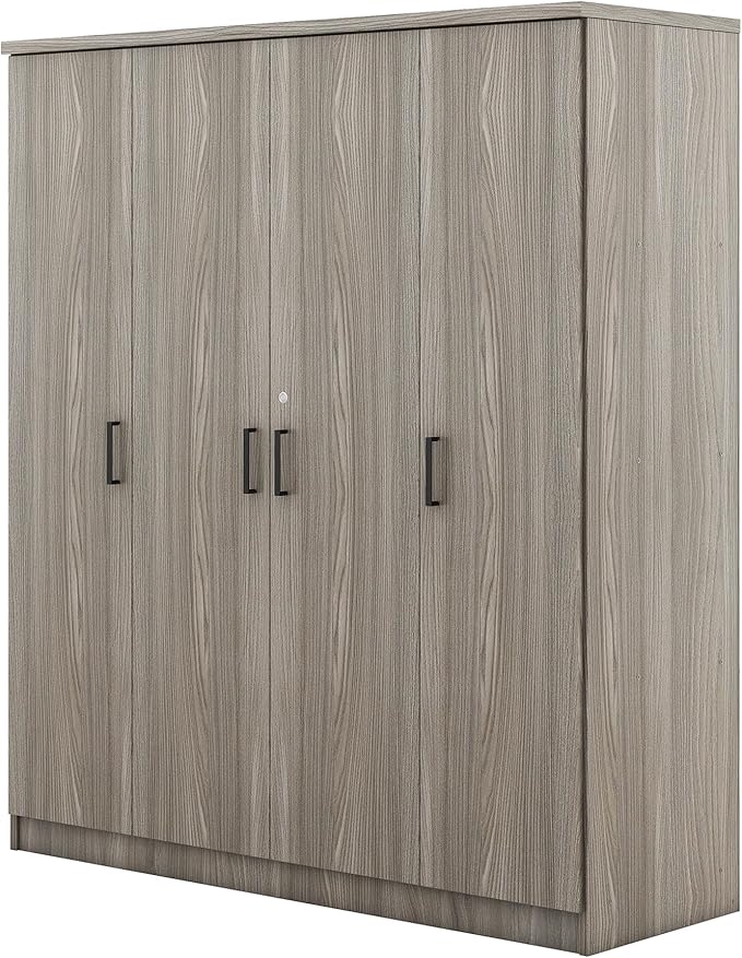 Merax 4 Doors Closet Wardrobe with Hanging Rail, Wood Closet Organizers and Storage with One Drawer and Two 4-Tier Storage Shelves, Top Cabinet for Bedroom, Laundry Room, Gray