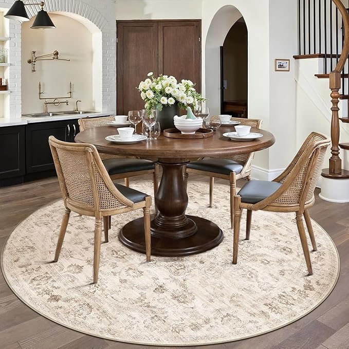 5x5 Washable Neutral Round Rug Beige Vintage Entryway Kitchen Cirlce Rug Non-Slip Soft Low Pile Farmhouse Indoor Carpet for Entrance Bathroom Dining Room