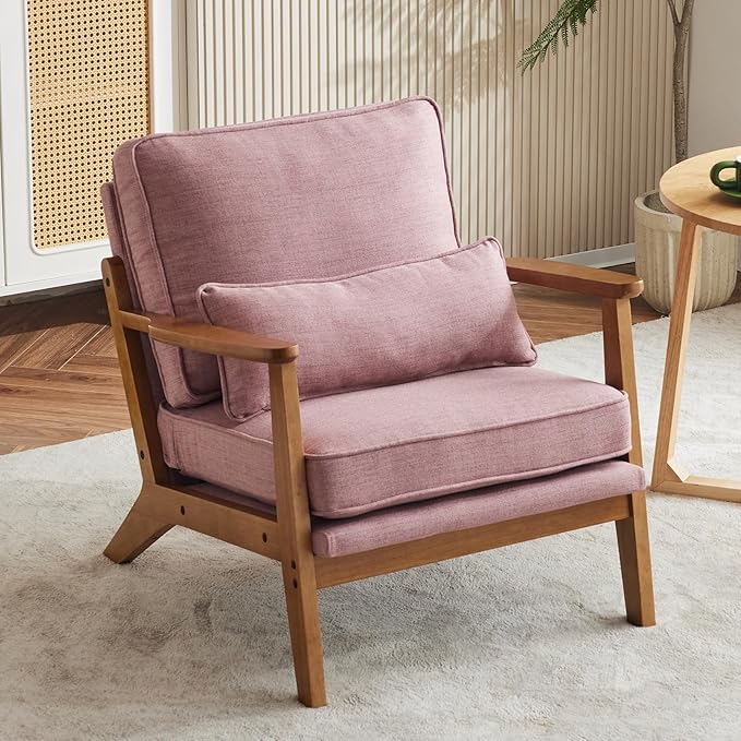 Karl home Accent Chair Wide Armrest Mid-Century Lounge Chair Linen Fabric Armchair with Lumbar Pillow & Solid Wood Frame for Living Room, Bedroom, Balcony, Pink