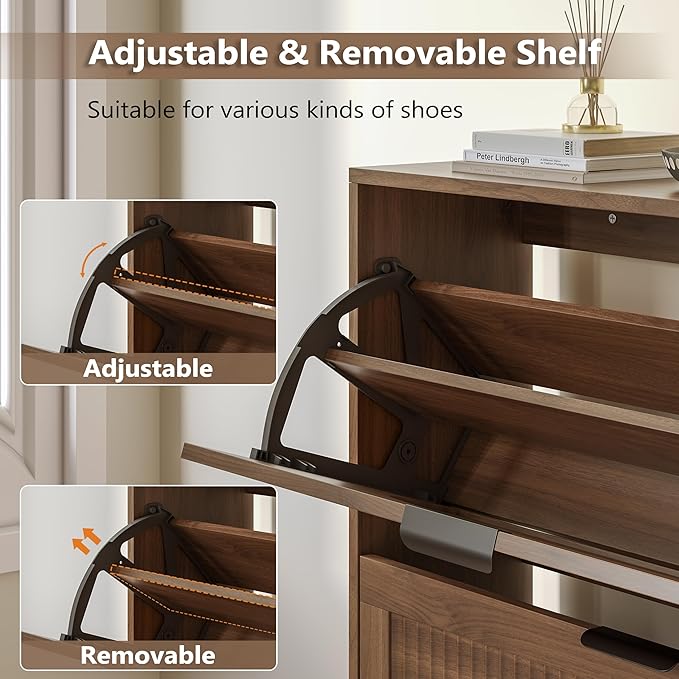 BORNOON Shoe Cabinet for Entryway with 3 Flip Drawers, Slim Wooden Shoe Storage Organizer with Modern Fluted Pannel，Freestanding Narrow Hidden Shoe Rack for Hallway, Foyer, Living Room