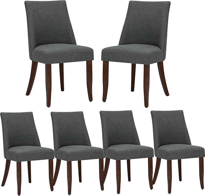 Wooden Dining Chairs Set of 6, Upholstered Farmhouse Fabric Dining Room Chair, Mid Century Kitchen Chair for Restaurant & Cafe, Dark Grey