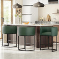 26" H Counter Height Bar Stools Set of 3, Modern Barrel Counter Stools with Backrest and Arms, Faux Leather Upholstered Accent Barstools for Kitchen Island,Support 450 LBS (Green)