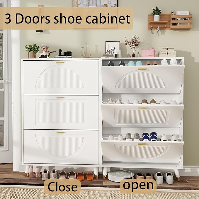 White Shoe Storage Cabinet: 32" Ultra Thin Small Shoe Cabinet for Entryway, Modern Slim and Narrow Hidden Shoes Rack Organizer with Doors and 3 Flip Drawer (1 Piece, 32")