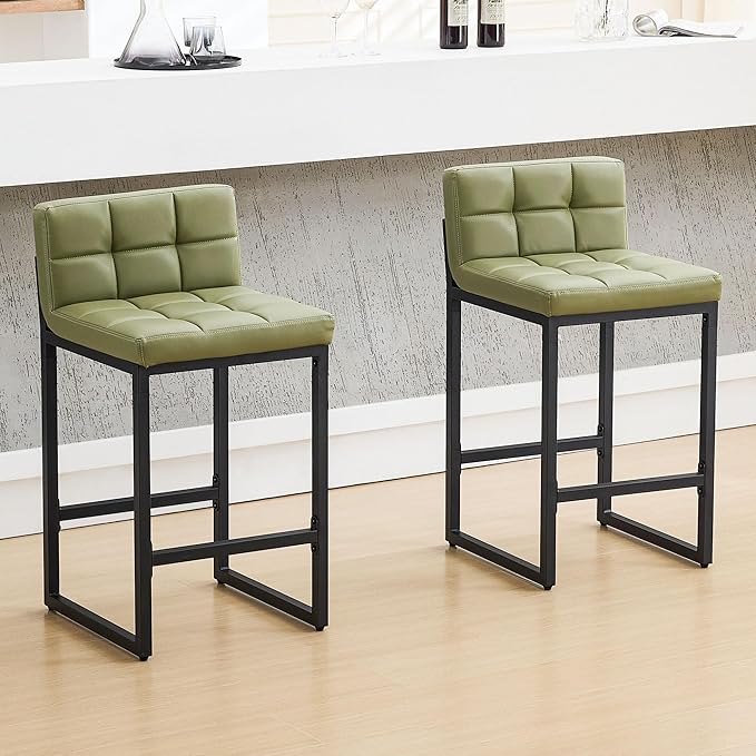 FIRAVOE Counter Height Bar Stools Set of 2, Modern Faux Leather Counter Stools with Low Back and Footrest, Upholstered Bar Chairs for Kitchen Island, Bar (Avocado Green, 2Pcs 26" Counter Stools)