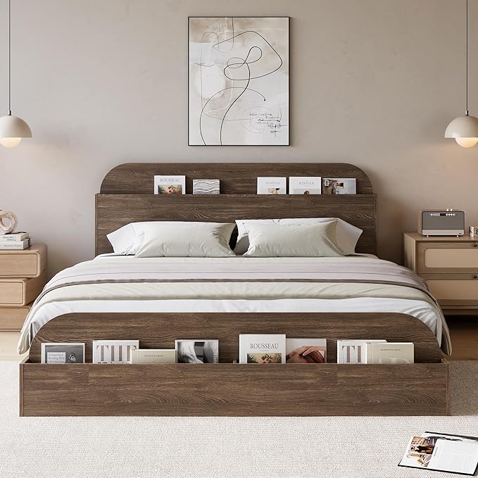 GarveeHome Queen Size Bed Frame, Wooden Beds with Storage Headboard and Raised-Foodboard, Queen-Floor Low Platform Bed for Bedroom, Sturdy Wooden Slats Support, No Box Spring Needed, Walnut