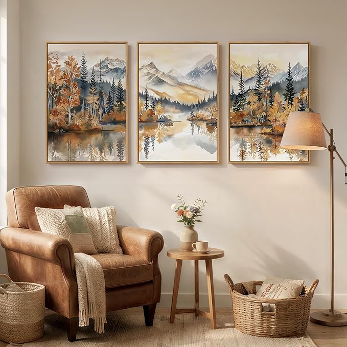 Framed Mountain Forest Landscape 3 Piece Wall Art for Living Room, Orange Neutral Modern Scenic Print Canvas Artwork for Walls, Large Nordic Rustic Nature Autumn Bedroom Office Wall Decor, 24x36 Inch