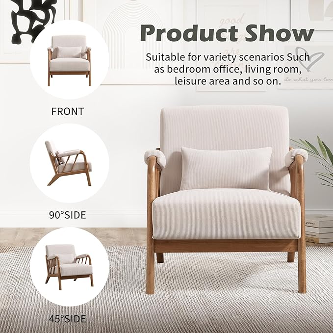 INZOY Accent Chairs Set of 2, Mid Century Modern Accent Chair with Wood Frame, Upholstered Reading Armchair with Corduroy Fabric, Accent Chair for Living Room Bedroom Apartment, Easy Assembly, Beige