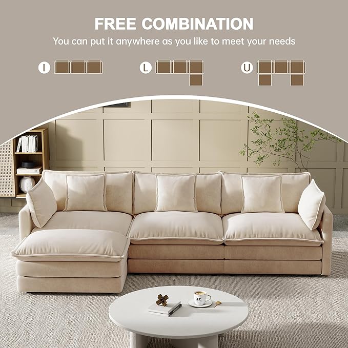 Modular Sectional Sofa, 111.5 Inch L-Shaped Cloud Sofa with Deep Seat Chenille Sofa with Cushions, Three-Self Sectional Sofa for Living Room Apartment,Light Coffee