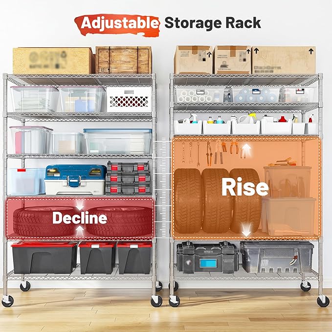 Romorgniz 82" H X45 W X18 D Storage Shelves with Wheels, 6 Tier Wire Shelving Adjustable Metal Shelving Pantry Shelves Capacity 1200LBS for Garage Shelving, Pantry, Kitchen, Commercial, Chrome，2P