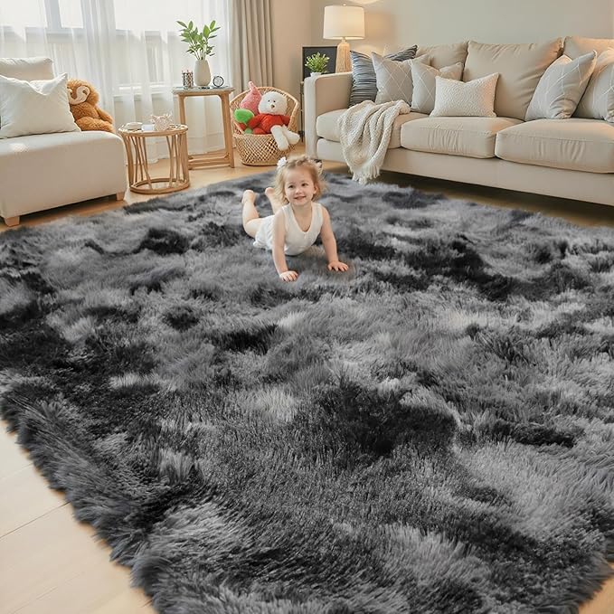 Area Rugs 10x14 Living Room, Shaggy Carpet Soft Plush Furry Bedside Rug Large Area Rugs for Bedroom Kids Girls Boys Home Decor Anti Slip(10 x 14, Dark Grey Tie-Dyed)