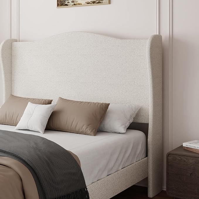 Queen Bed Frame with Extra Tall 55.5" Wingback Headboard, White Boucle Upholstered Platform Bed Frame, Modern Cloud Bed, Noise-Free, Metal Slats Support, No Box Spring Needed