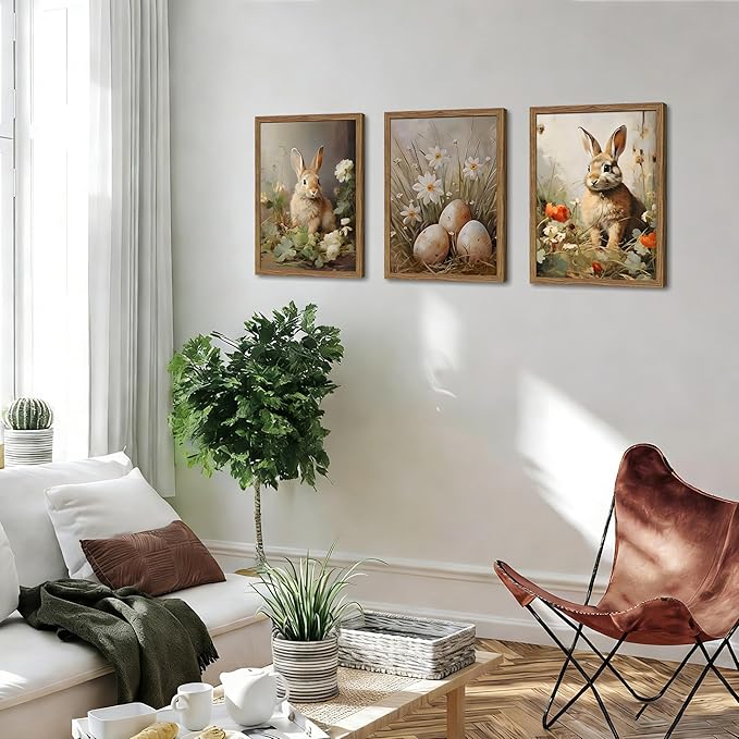 Vintage Easter Bunny Wall Art Set of 3, Spring Easter Rabbit Eggs Canvas Wall Decor Paintings, Rustic Farmhouse Animal Artwork Prints Pictures for Living Room Bedroom Bathroom 12x16 Inch Framed