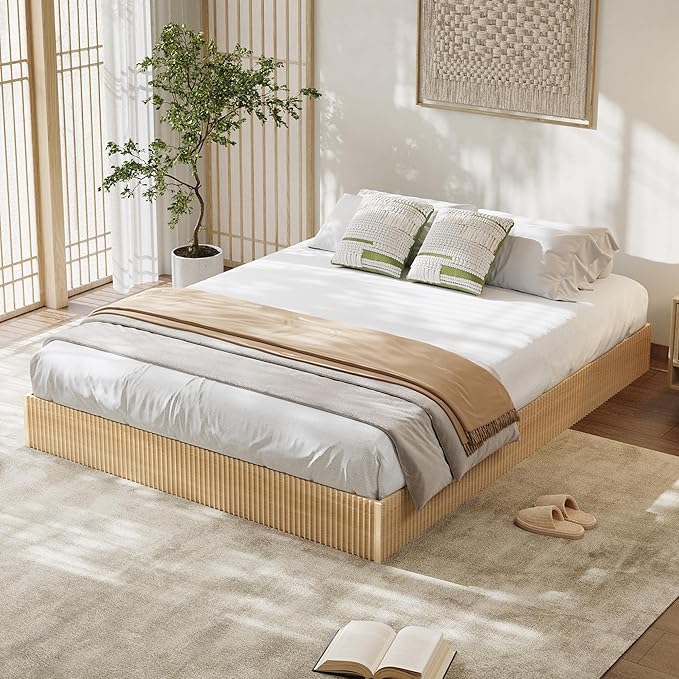 Garvee Queen Bed Frame, Wood Platform Bed with Fluted Design, Low Profile BedFrame, Minimalist Bed Base with Noise-Free, Easy Assembly, No Box Spring Needed, Natural