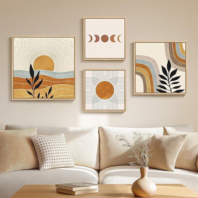 Framed Large Boho Wall Art for Living Room, Set of 4 Piece Mid Century Modern Abstract Orange Canvas Artworks Decor, Minimalist Sun and Moon Botanical Leaf Painting Prints for Bedroom Hallway