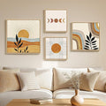 Framed Large Boho Wall Art for Living Room, Set of 4 Piece Mid Century Modern Abstract Orange Canvas Artworks Decor, Minimalist Sun and Moon Botanical Leaf Painting Prints for Bedroom Hallway
